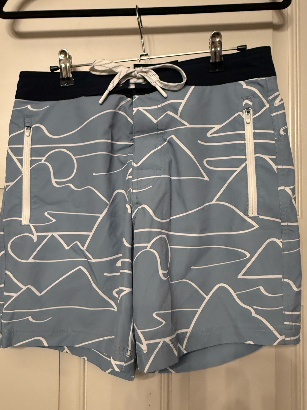 American Eagle Outfitters Light Blue & White Wave-Pattern Swim Shorts